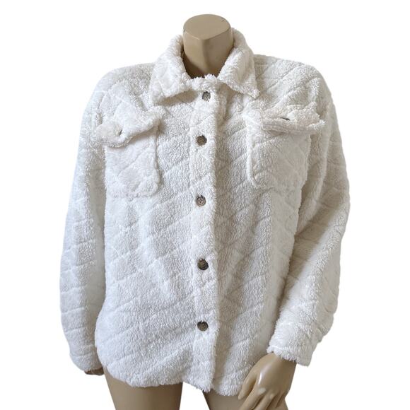 LOVE TREE Womens Size Medium Off White Fleece Snap Front Collared Cropped Jacket - Picture 1 of 8